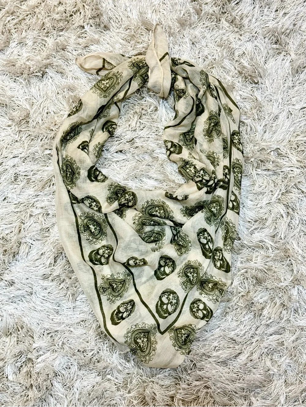 Paisley & Skull Print Lightweight Scarf | Cream & Olive Green | Boho Wrap - Picture 4 of 8